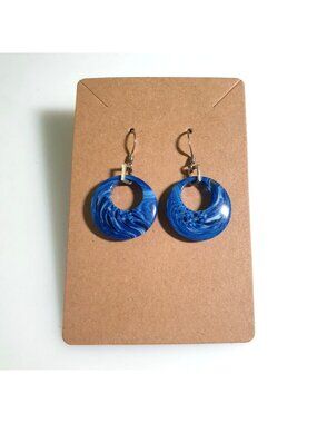 Blue Marble Round Dangle Earrings Acrylic Silver Tone Hook Lightweight Jewelry